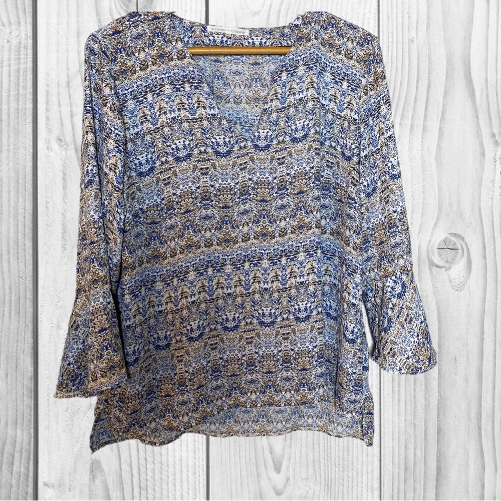 Violet + Claire Boho Peasant Blouse XL Blue Tan Print Flowy Bell Sleeve Top‎